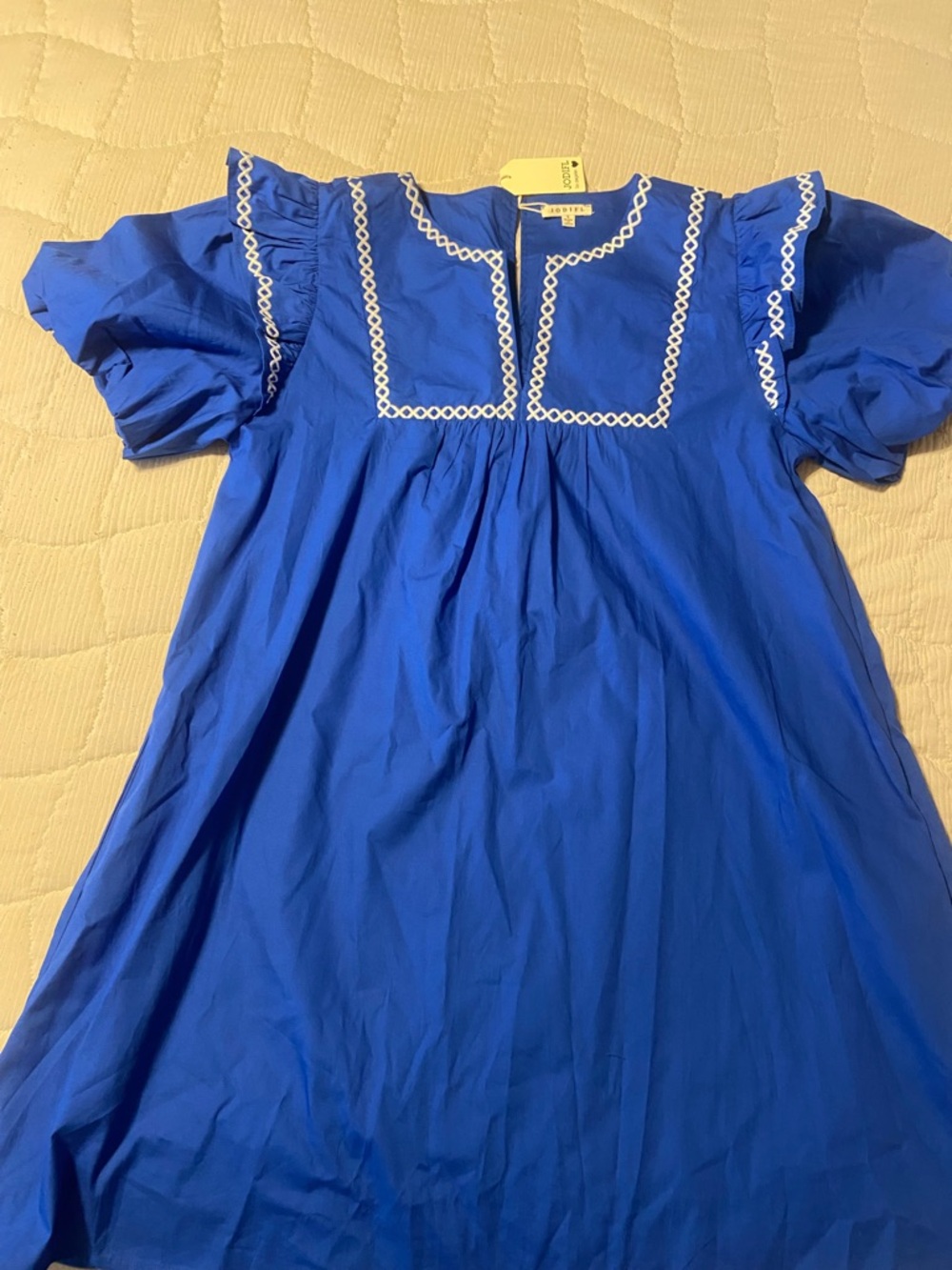 JODIFL Royal Blue Dress with White Embroidered Trim